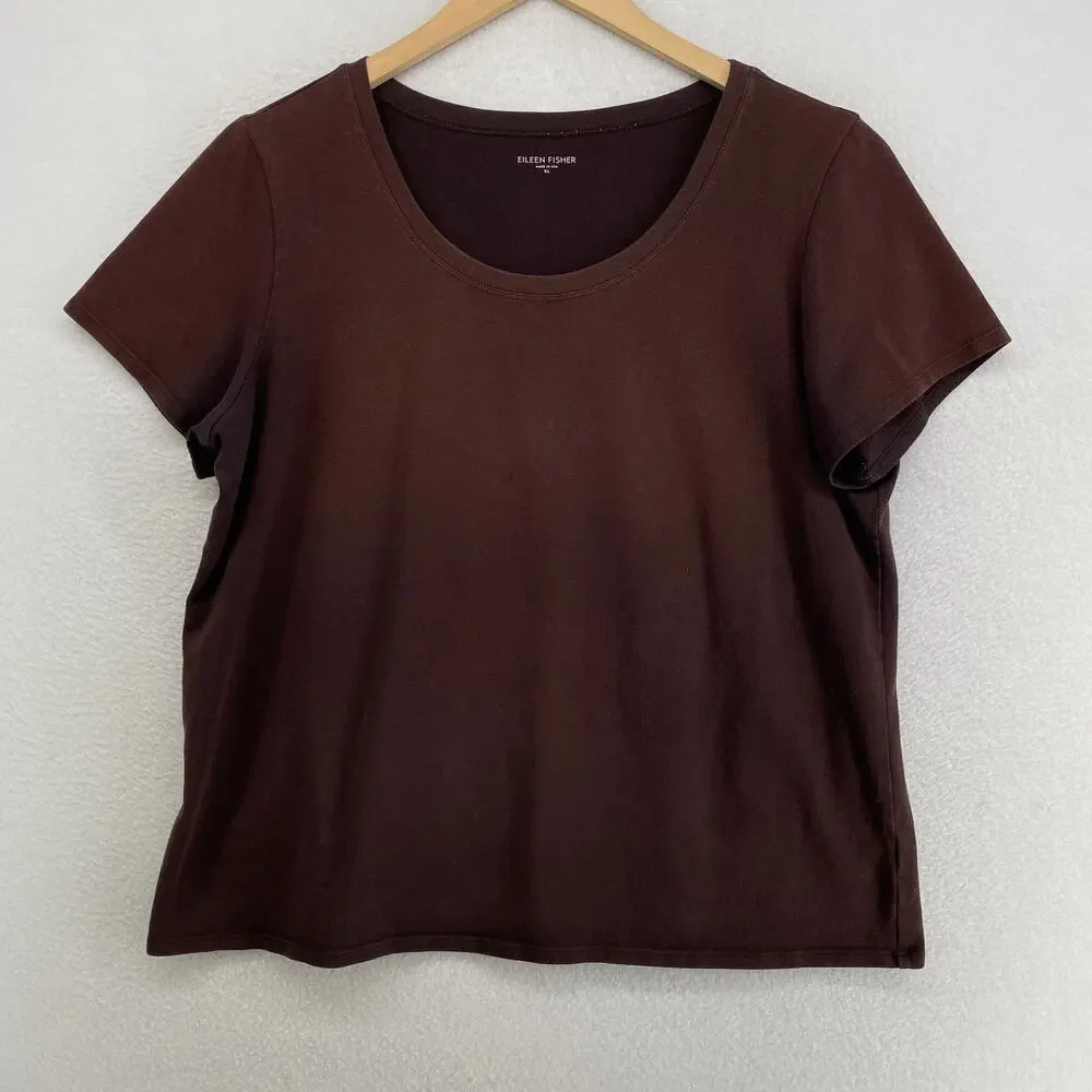 EILEEN FISHER Top XL Stretch Organic Cotton Scoop Neck Cap Sleeve Brown USA - Picture 1 of 9